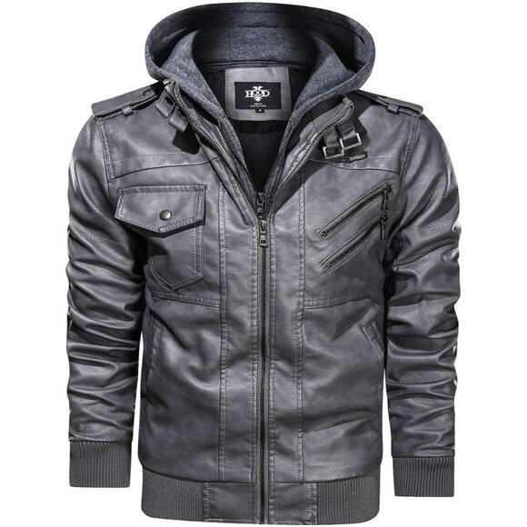 Men’s Grey Stand Collar PU Faux Leather Bomber Jacket With a Removable Hood - Picture 1 of 6